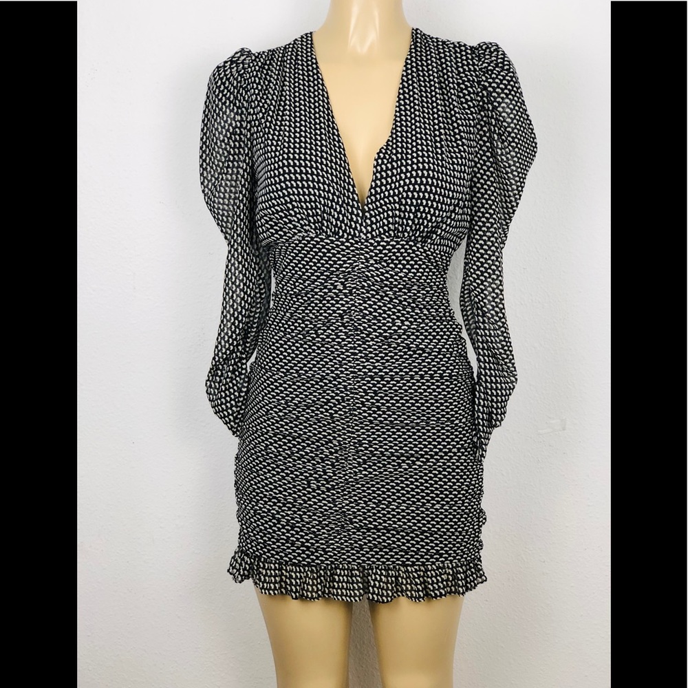 ZARA black polka dot puffer sleeve V neck dress